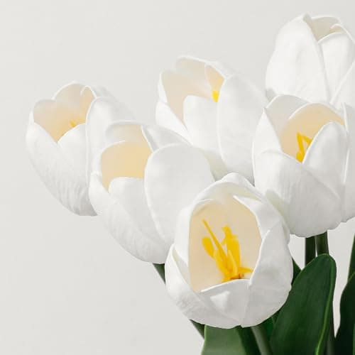 LILUYTO White Fake Tulips,18.5" PU Artificial Tulips Flowers for Spring Easter Home Kitchen Wedding Bouquet Bulk Mother's Gift Day Decorations - Thumbnail 4