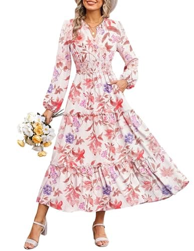 GRACE KARIN Women's Floral Maxi Dress 2026 Fall Long Sleeve V Neck Empire Waist A Line Flowy Dress with Pocket Apricot XL - Image 1