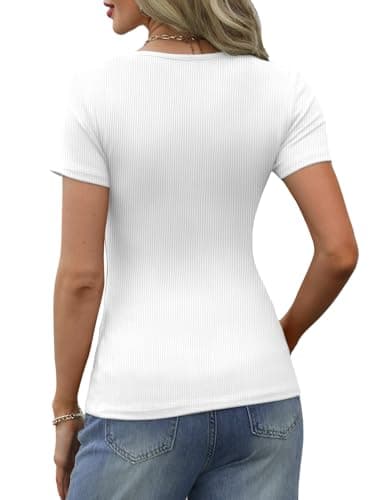 GKBK Womens White Short Sleeve Shirts Ribbed Slim Fitted Tight Henley Shirts Scoop Neck Cute Basic Tee Tshirts Spring Summer Tops 2025 Trendy White S - Thumbnail 4