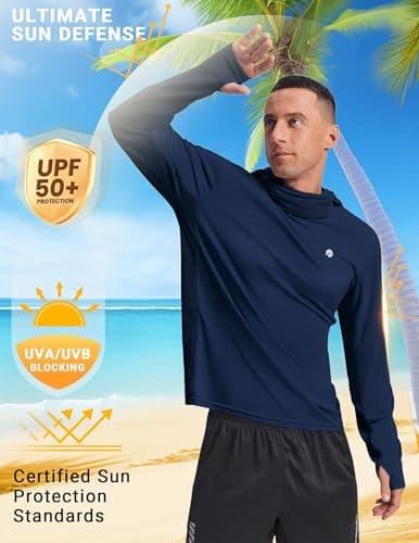 PINSPARK UPF 50+ Men Long Sleeve Sun Shirts Hoodie with Mask Protection Fishing UV Rash Guard Lightweight Quick Dry Navy Blue - Thumbnail 4