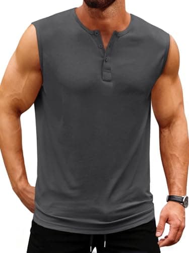 UNCLECAT Mens Tank Tops Summer Sleeveless Workout Muscle Henley Shirts Gym Slim Fit Tee Dark Grey - Image 1