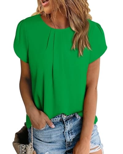 PRETTYGARDEN Women's Tops 2026 Casual Summer Round Neck Short Sleeve Basic Pleated Loose Fit Blouses Plain Tunic Shirts(Green,Medium) - Image 1