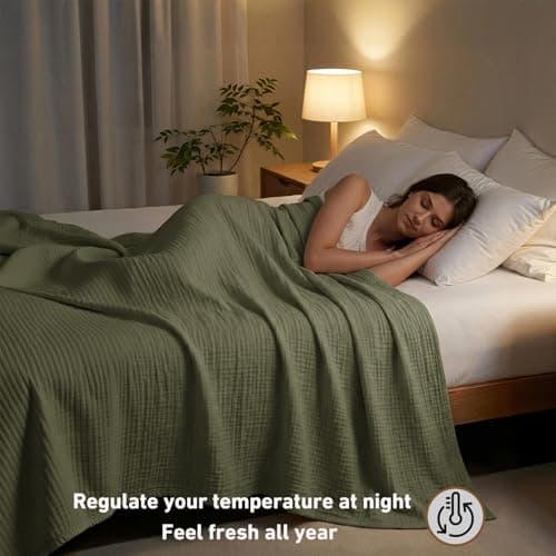 Corizei 100% Cotton Muslin Blankets for Adults Moss Green, 6-Layer Lightweight Large Throw Blanket for Couch, Pre-Washed Breathable Gauze for Bed Layering, All Season Comfort, Olive, 50"x70" - Thumbnail 2