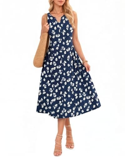 MISFAY Women's Sleeveless A-Line Maxi Dress with Pockets — Pleated Flowy Sundress for Summer Beach and Vacation(Floral Navy,L) - Image 1