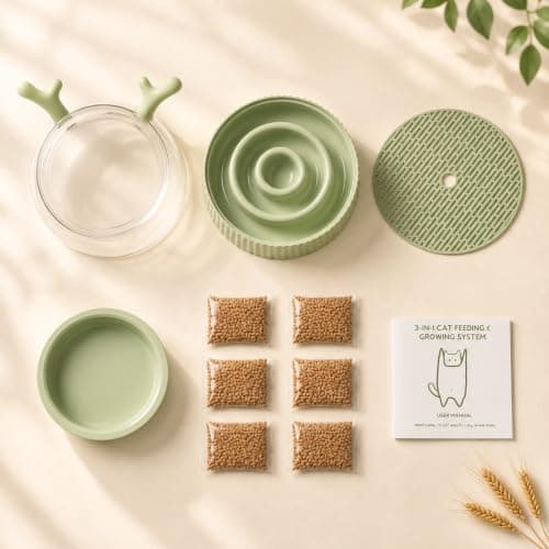 3-in-1 Slow Feeder Bowl, Cat Grass Growing Kit & Elevated Cat Food Bowl, - Thumbnail 6