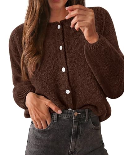 KIRUNDO Women’s Cardigans Casual Loose Button Up Long Sleeve Crewneck Knit Cardigan Sweaters Open Front Outerwear Coats(Brown, Large) - Image 1