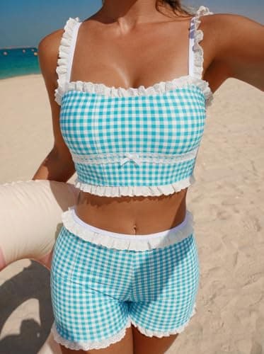 ZAFUL Womens High Waisted Bikini Sets 2 Piece Plaid Ruffle Swimsuits Back Strap Top with High Waisted Shorts Bathing Suit Mint Blue M - Thumbnail 2