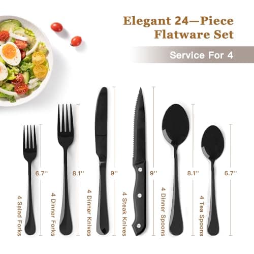 Astercook 24-Piece Black Silverware Set with Steak Knives Flatware Set for 4 Food-Grade Stainless Steel Cutlery Set Mirror Polished Utensils Set Include Spoons and Forks for Home Kitchen Restaurant - Thumbnail 2