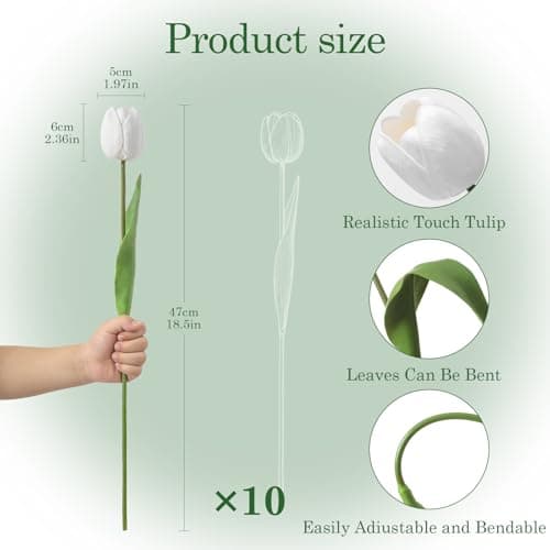 LILUYTO White Fake Tulips,18.5" PU Artificial Tulips Flowers for Spring Easter Home Kitchen Wedding Bouquet Bulk Mother's Gift Day Decorations - Thumbnail 2