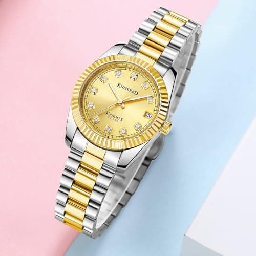 KNISKRED Classic Watch for Women with Crystal Accented and Solid Stainless Steel Band Ladies Dress Watch Water Resistant (Silver Gold) - Thumbnail 3