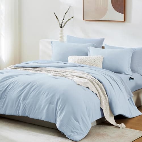 WRENSONGE Twin Comforter Set- 5 Pieces Ice Blue Twin Bed in a Bag, All Season Twin XL Bedding Sets with 1 Fitted Sheet, 1 Flat Sheet, 1 Pillow Sham and 1 Pillowcase - Thumbnail 2