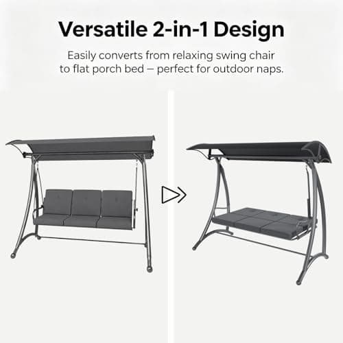 Outdoor Patio Swing, 3 Seat Porch Swing with Adjustable Canopy, Swing Chair for Backyard Garden Patio(Grey) - Thumbnail 3