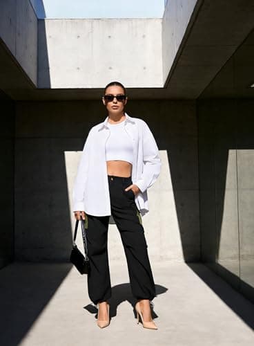 LOOKBOHO Hiking Pants Women 2026 Summer Cargo Contrast Pockets Lightweight Travel Drawstring Casual Straight Leg Trousers Black Medium - Thumbnail 5