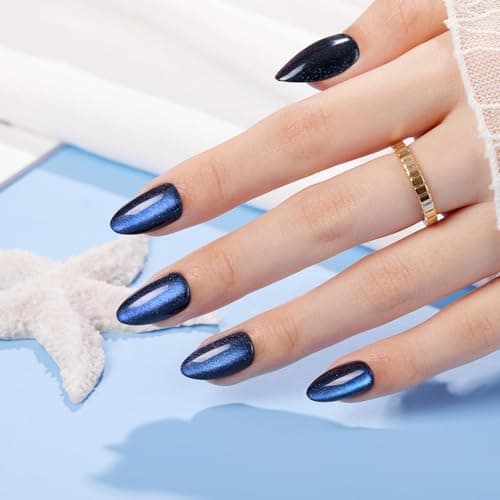 VSALON Press on Nails Short Almond - Blue Cat Eye Chrome Glue On Nails Kit for Women, Reusable Opaque Gel Stick on Nails with Glue & Cuticle Oil - 32 PCS Fake Nails in 16 Sizes (Midnight Tide) - Thumbnail 6
