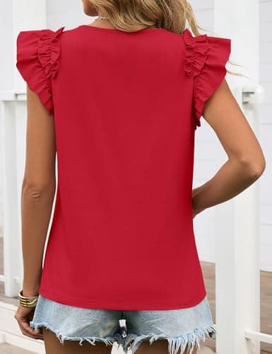 Summer Tops for Women 2026 Trendy Ruffle Short Sleeve Tops Casual Cute Loose Fit T-Shirts Crew Neck Fashion Dressy Blouses Tee Tops Red M - Thumbnail 6
