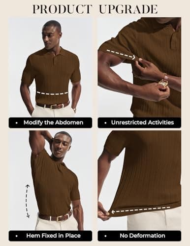 PJ PAUL JONES Mens Short Sleeve Knit Polo Shirts Casual Textured Polo Golf Shirts Summer Beach Shirt Brown S - Thumbnail 5