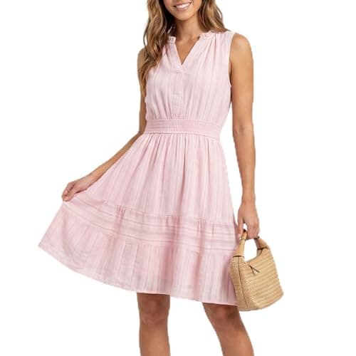 Modelshow Summer Dresses for Women 2026 Casual Mini Sundress V Neck Sleeveless A Line Flowy Boho Beach Dress with Pockets Pink - Image 1