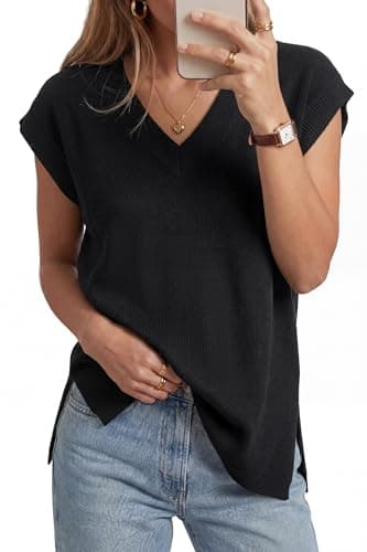 Arach&Cloz Fall Women's Wool Knit Blend V-Neck Solid Relaxed Fit Casual Sweater Vest Dressy Trendy Sleeveless Clothing Fashion Clothes Casual Outfits Pullover Office Work Tank Top 2026 Black L