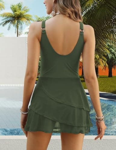 CiCiBird Women One Piece Swimdress Swimsuit Tummy Control Modest Swim Dress Bathing Suits Skirt Swimwear Army Green M - Thumbnail 2