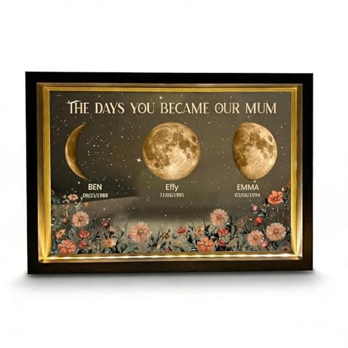 XSGIFTS Personalized Moon Phase Gift for Mom, Custom Moon Phase LED Shadow Box with Names Dates and Your Text, Mother Day Night Light Keepsake, Celestial Home Decor - Image 1