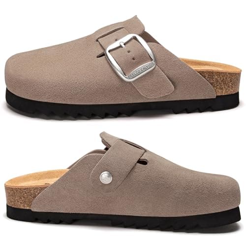 Brelzo Calvior Suede Clogs for Women Leather Mules Slip-on Sandals Men's Potato Shoes with Arch Support Dark Khaki - Thumbnail 6