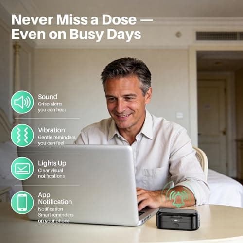 1Mii Smart Pill Dispenser with Alarm, Electronic Pill Organizer with 5 Daily Reminders, App & Vibration Alerts, Travel Pill Box for Vitamins & Medication + Open-Ear Bluetooth Headphones - Thumbnail 2