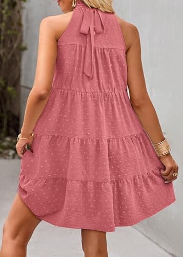 KIRUNDO Summer Sundresses for Women Spring Halter Flowy Babydoll Tiered Pleated Beach Wedding Guest Vacation Cruise Dress(Dot-Bean Paste Pink, X-Large) - Thumbnail 5