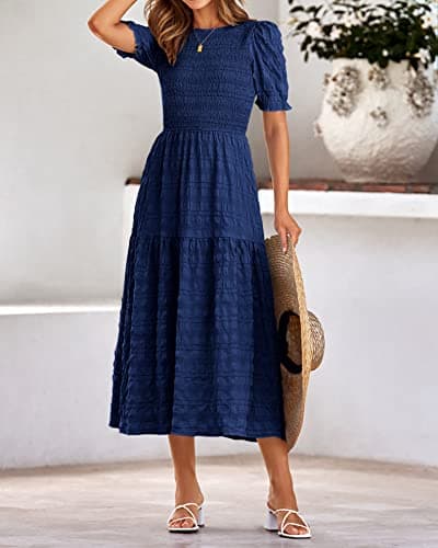 dowerme Womens Summer Dresses 2025 Casual Puff Short Sleeve Crewneck Smocked Flowy Ruffle Boho Beach Party Maxi Sundress(Navy,Small) - Thumbnail 4