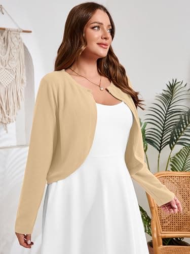 AusLook Plus Size Women Shrugs Long Sleeve Khaki Heather 5X Open Front Cardigan Knit Lightweight Coat Cropped Bolero Tops Shawls and Wraps Dressy Sweater - Thumbnail 4