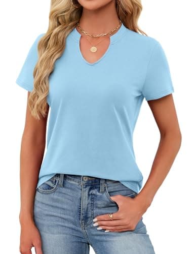 Women's V Neck Cotton T-Shirts Breathable Short Sleeve Tops Lightweight Stretch Summer Tees (Sky Blue,X-Large) - Thumbnail 2