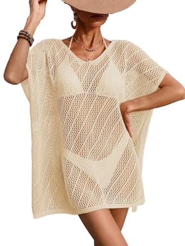 BreathSunny Womens Oversized Crochet Striped Knit Cap Sleeves Swimsuit Coverup Summer 2026 V Neck Side Slit Swimwear Coverups Beach Swim Bikini Bathing Suit Cover Up Mini Dress Apricot L - Image 1