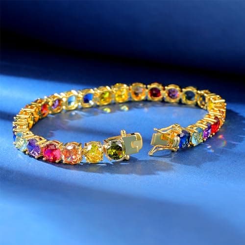 Gemsme 6.0mm Colored Cubic Zirconia Tennis Bracelet for Women, 6MM 18K Yellow Gold Plated Cubic Zirconia Rainbow Tennis Link Bracelet - Thumbnail 4