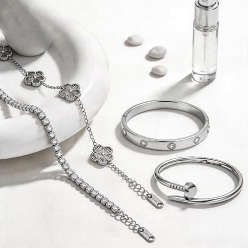 JINDETAI Stackable Silver Bracelets for Women - 3/4/5 Sets, Non-Tarnish Stainless Steel & Sterling Silver Trendy Stackable Bangle Jewelry Set, Gifts for Valentine's Day, Birthday, Prom and Christmas - Thumbnail 5