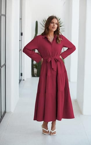 ECOWISH Women's Maxi Shirt Dress - 2026 Long Sleeve Button Casual Fall A-line Work Tiered Dresses with Belt and Pockets Wine Red X-Large - Thumbnail 5