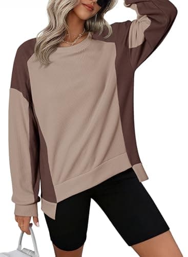 Dokotoo Women's Fashion Sweatshirts Oversized Sweatshirt for Women Waffle Knit Color Block Crewneck Long Sleeve Casual Cute Pullover Tops Comfy Fall Fashion Outfits Clothes 2024 Brown Small - Thumbnail 6