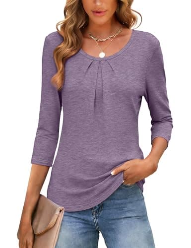 JUSTFASHIONNOW Womens 3/4 Length Sleeve Tops Crewneck Pleated T-Shirts Dressy Casual Tunic Basic Business Blouses(RoseTaupe Large) - Thumbnail 2