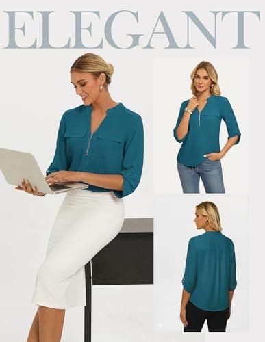 Womens Business Casual Tops,3/4 Sleeve Henley Shirts with Zip Up,Office Work Blouses Lightweight Summer Peacock Blue M - Thumbnail 3