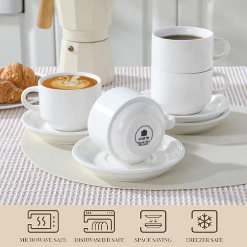 MALACASA 8 OZ Porcelain Espresso Cups with Saucers and Metal Stand Set of 4, Stackable Cappuccino Cups, White Expresso Shots Cup Set for Coffee Drinks, Latte, Tea - Thumbnail 4