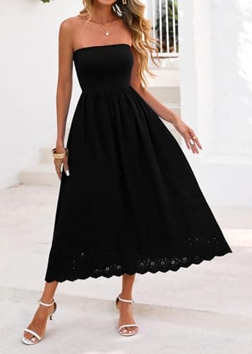 Lazysmile Summer Boho Maxi Dress for Women Strapless Tube Top Lace Trim A Line Beach Casual Long Dress Black - Thumbnail 4