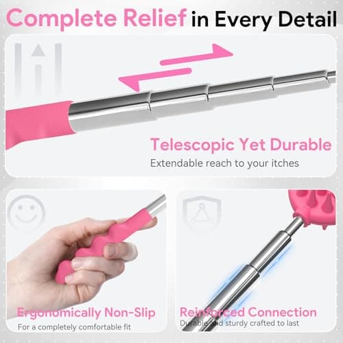 Gumry Versatile Back Scratcher - Portable Telescoping Extendable Back Massager Tool with Different Heads & Rubber Handles, Stocking Stuffers & Birthday Gifts for Women, Mom, Her, Men - Pink - Thumbnail 3