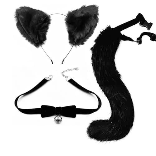 Cat Ears and Tail Black Cat Headband Long Tail Bell Collar for Adults Women - Image 1