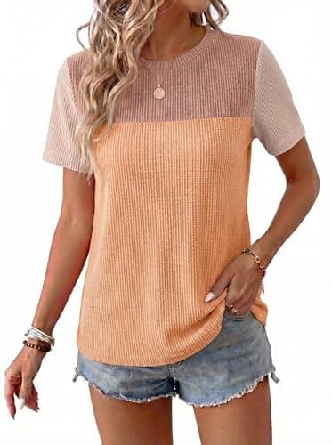 BLENCOT Womens Spring Tops Summer Shirts Colorblock Crewneck Short Sleeve Blouse Casual Loose Fit Junior Cute Going Out Cute Outfits Tunic Camel Brown XX-Large - Image 1