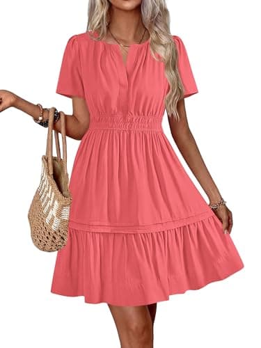 BTFBM Summer Dresses for Women 2026 Casual Boho Sundress Short Sleeve V Neck Ruffle A Line Beach Vacation Mini Dress(Bean Paste Red, Medium) - Image 1