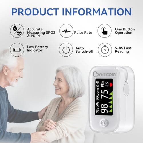 Berrcom Fingertip Pulse Oximeter with LED Display & Multi-Parameter Tracking (SpO2, PR, PI), Fast & Accurate Blood Oxygen Monitor, Includes Batteries & Lanyard (White) - Thumbnail 6