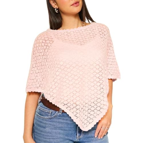Ainangua Womens Summer Sweater Crochet Batwing Sleeve Scalloped Trim Poncho Tops Off Shoulder Hollow Out Shawl Wraps Coverup(Pink,S) - Image 1