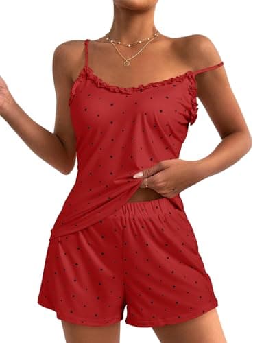 JUSTFASHIONNOW Cute Pajama Sets for Women Cami Shorts Two Piece Pajamas Set Matching Pj Polka Dots Sleeping Tank Tops Loose Fit Nightwear (Red,Medium) - Thumbnail 2