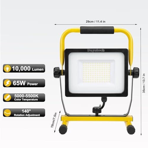 DAYATECH 65W LED Work Light, 10000LM Super Bright Flood Work Light, 5000K, Waterproof and Adjustable Angle Working Lights for Workshop, Garage, 5 Ft Power Cord - Thumbnail 2