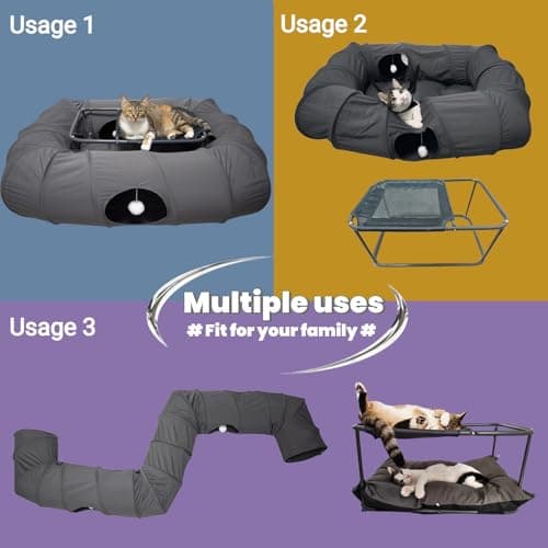 XxingSheep 2-Tier Cat Tunnel & Hammock Bed XXL, 4 Cave Shuttle with Elevated for Multiple Cats Toy Dark Grey - Thumbnail 4