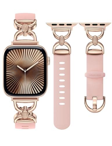 Wearlizer Silicone Band Compatible with Apple Watch Bands for Women 38/40/41/42mm, Dressy Strap with Double D-Shaped Metal Elegant Design for iWatch Series SE/11/10/9/8/7/6/5/4/3/2/1 Pink/Rose Gold - Image 1