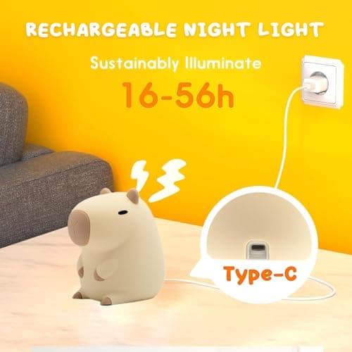 UNEEDE Capybara Night Light White Elephant Gifts - Rechargeable Silicone Touch Lamp, 2-Level Dimmable, 20-Min Timer, Safe Nursery Decor for Kids & Valentines Day Gifts - Thumbnail 5